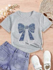 SHEIN 女童休闲时尚舒适简约百搭创意仿亮片蝴蝶结图案短袖T恤，适合女孩夏季及所有季节穿着。 - 灰色 - 查看 3