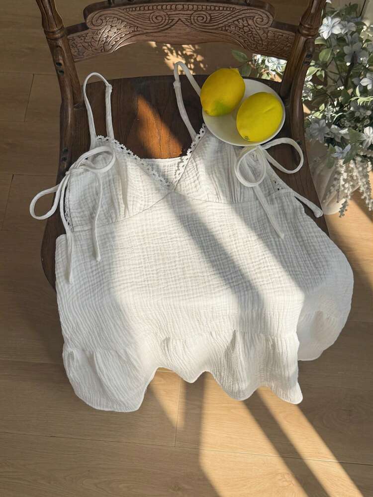 Sweetra Vestido Mini Vintage Chique com Babados na Barra, Gola de Renda Floral, Estilo Doce de Princesa, Vestido Casual Versátil de Verão para Férias - Branco - Visão 6