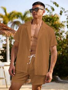 Manfinity KASUA Men's Solid Color Casual Beach Vacation Outfit - Khaki - View 6