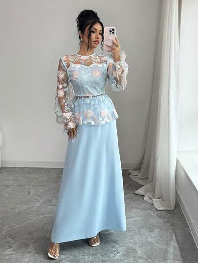 Modelyn סט אלגנטי של טופ וחצאית עם צווארון עגול כחול ואלגנטי לנשים