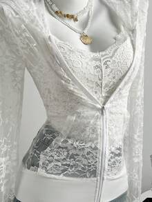 Elamini Women's Casual Versatile Vacation Hooded Sweatshirt, Tight-Fitting Sexy Lace White Sweatshirt, Summer - White - View 6