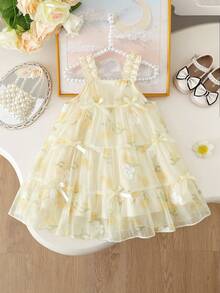 SHEIN 女婴花卉刺绣雪纺精致3D蝴蝶结装饰黄色吊带裙 - 黃色 - 查看 3