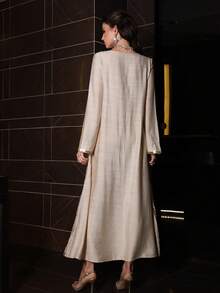 Layrah Vestido elegante de manga larga acampanada con cuello redondo, bordado y con cuentas, para primavera/verano - Albaricoque - Ver 8