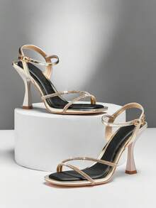 SHUZIA Women's Designer-Inspired Mid-Heel Square Toe Cushioned Insole Rhinestone Cross-Strap Gold Slingback Heeled Dress Sandals – Red-Carpet Ready, Chic & Comfortable - Gold - View 2