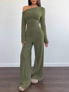 SHEIN Unity Women's Casual Asymmetrical Shoulder Fuzzy T-Shirt + Wide Leg Low Waist Pants 2 Pieces Set, Winter - Green - View 6