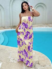 Sunnyshic Plus Size Women Floral Print Backless Criss-Cross Design Fashion Spaghetti Strap Dress - Yellow - View 5