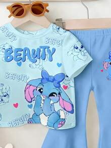 SHEIN 2件套婴幼儿男女通用可爱卡通蓝色兔子图案休闲宽松圆领短袖T恤和喇叭裤套装，夏季舒适，秋季可叠穿，时尚童装 - 淺藍色 - 查看 3
