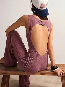 Bohemela Solid Color Knit Backless Sleeveless Wide Leg Jumpsuit For Women - Burgundy - View 4