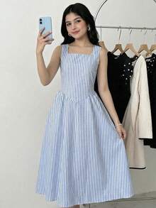 少女度假风方领无袖蓝白条纹优雅中长连衣裙 - 藍色 - 查看 6