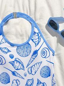 3件套少女贝壳印花挂脖泳衣、泳裤和短裤套装 - 藍白色 - 查看 4