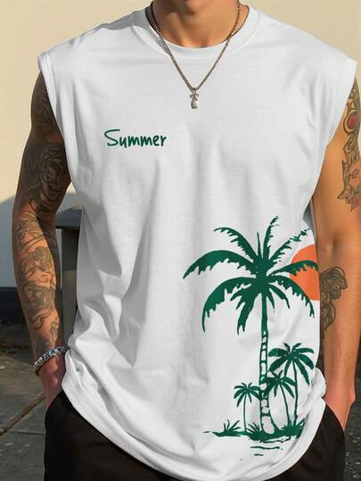 Manfinity RSRT Men's Summer Vacation White Sleeveless Tank Top Green Palm Tree Coconut Tree Sunset Beach Tropical Graphic Print Round Neck Oversized Muscle Tank Top Holiday Going Out Workout Gym Casual Beachwear Top,Men's Minimalist Printed Sleeveless Round Neck Tank Top