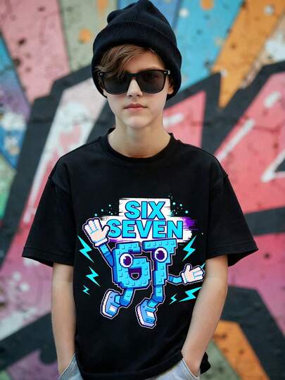 SHEIN Streecool Kids Young Boy Printed Casual Round Neck Short Sleeve T-Shirt, Boys' Leisure Short Sleeve T-Shirt, Number 67 Fashion Minimalist Style Short Sleeve Tee, Comfortable Fabric Sports T-Shirt, Boys' Casual Short Sleeve Top, Suitable For Parties, Festivals, Spring/Summer, Lightweight And Comfortable, Summer Wear, Fashion Casual Outfit, Spring/Summer Street, Outdoor, School, Festival, Gift