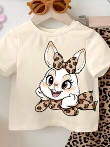 1 Set Niñas Bebé Lindo Oreja de Conejo y Estampado de Leopardo Cuello Redondo Manga Corta Camiseta y Pantalones Campana de Leopardo Conjunto Lindo, Ropa con Estampado de Conejo de Dibujos Animados, Primavera a Verano, Atuendos de Verano, Atuendo de Pascua - Multicolor - Ver 3