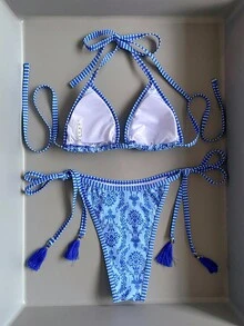 SHEIN Swim 女士夏季沙灘植物印花頸套式性感比基尼套裝 - 藍色 - 查看 3