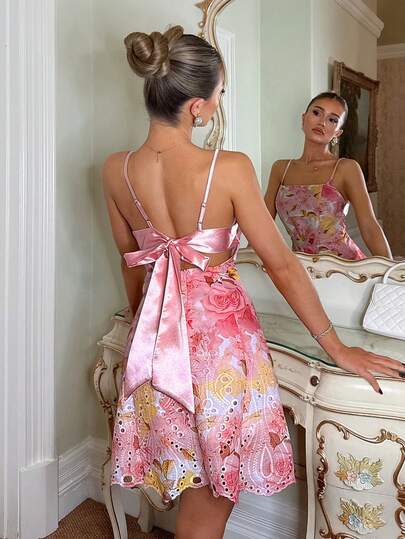 Glamine Charm Satin Floral Jacquard Decor Romantic Date Dress, Elegant Charming Jacquard Dress For Women