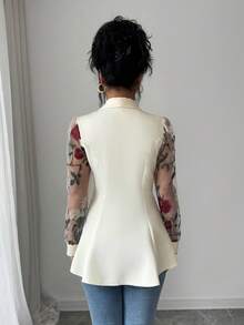 Elenzga 女士杏色V领收腰不规则下摆网纱刺绣长袖常规外套，优雅精致的设计，适合情人节、复活节、劳动节、生日、约会、派对、正式场合、教师节、活力造型、旅行度假、街头风、春夏外套，春季新款必备时尚单品，小众设计，百搭常规外套 - 杏色 - 查看 2