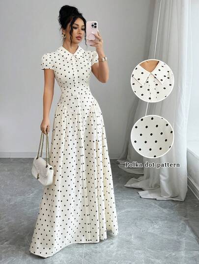 Elenzga Women's Woven Polka Dot Print Fabric Turndown Collar Button Front Gathered Shoulder Lantern Sleeve Waist Gathered A-Line Elegant Vintage Fashion Business Casual Vacation Black & White Polka Dot Maxi Dress, Spring/Summer