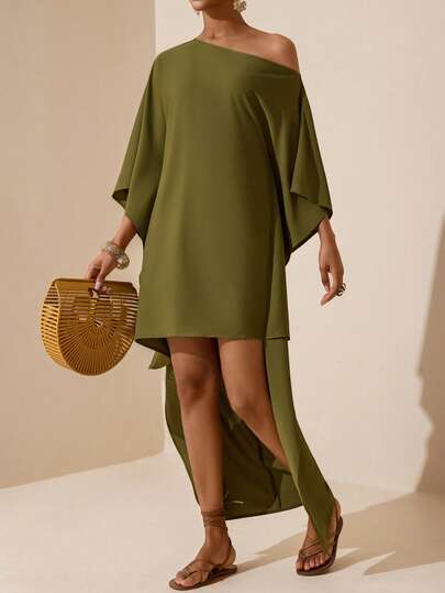 Vesra 女士纯色不对称下摆蝙蝠袖宽松长裙
