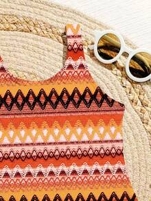 女童（小号）波西米亚风连体泳衣，弹力梭织面料，适合度假海滩游泳 - 彩色 - 查看 5