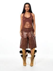 SUMWON WOMEN Distressed Halter Cowl Neck Tank Top With Fringe Details Knit Sleeveless Ladder Cut Out Summer Festival - Brown - View 5