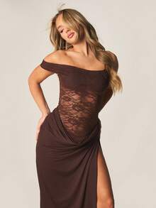MISSGUIDED Vestido largo con escote descubierto, Body de encaje, abertura lateral y drapeado fruncido para fiesta de noche - Café integral - Ver 3