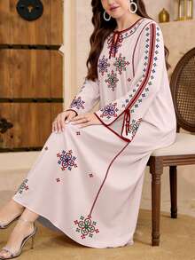 SHEIN Najma 大码女士几何图案和三叶草印花V领系带长袖优雅阿拉伯风格长款连衣裙，春季 - 彩色 - 查看 3