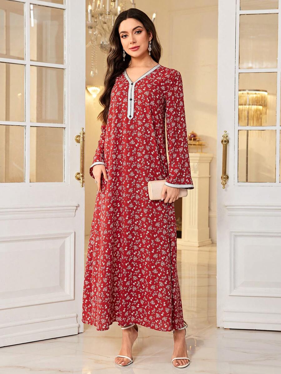 Al Najma 优雅女士土耳其碎花长裙，日常穿着 - 紅色 - 查看 1