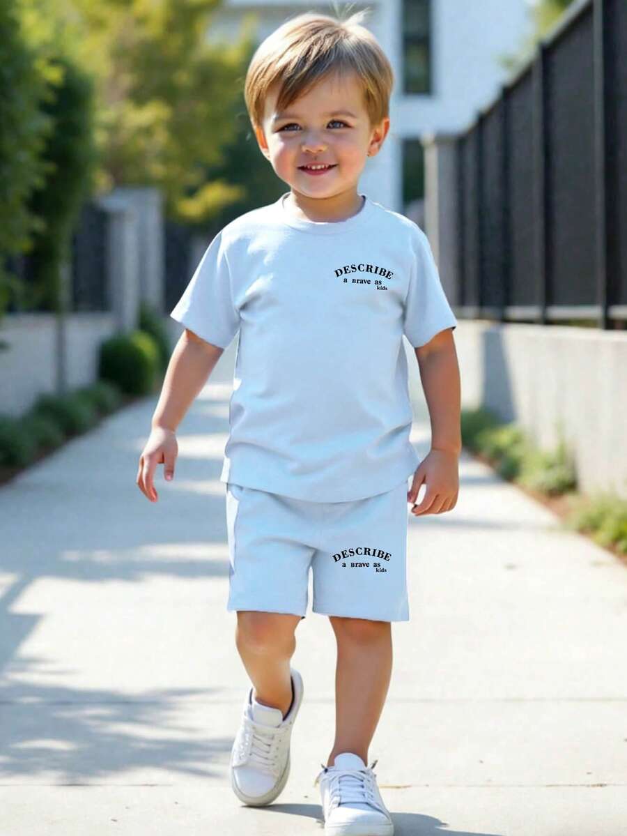 春夏男童休闲时尚创意个性清新简约风字母标语印花宽松套装，天蓝色短袖T恤和短裤套装，舒适日常穿着，温暖夏日风格，适合春夏穿着 - 彩色 - 查看 1