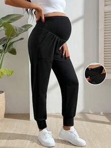 SHEIN 女士超柔软亲肤高弹休闲孕妇裤 - 黑色 - 查看 1