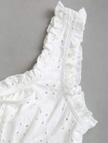 Sweetra Women's Vacation Style French Retro Ruffled Drawstring Embroidered Slim Fit Bodysuit, Spring/Summer - White - View 5