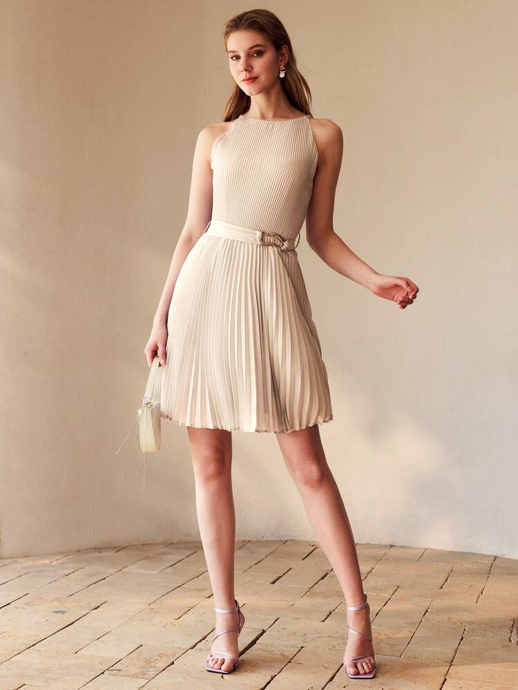 WOMEN'S PLEATED BELTED SHORT DRESS