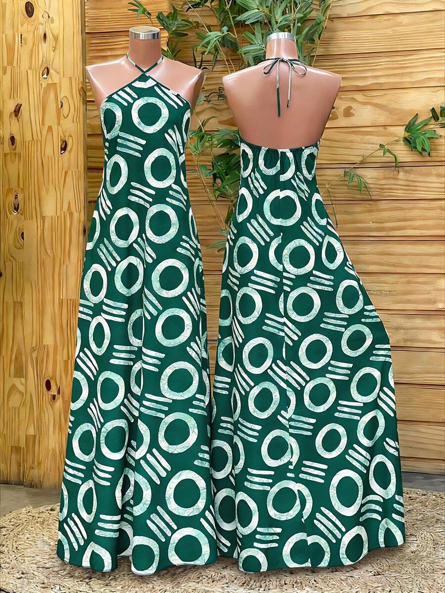 Lunelith SHEIN Lunessa Women's Geometric Print Halter Neck Sleeveless Dress - Green - View 1