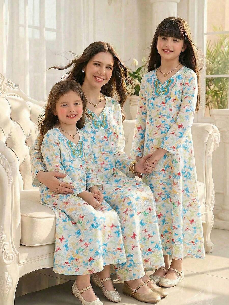 Tween Tween Girls Traditional Middle Eastern Casual Butterfly Decor Collar Elegant Dress - Multicolor - View 1