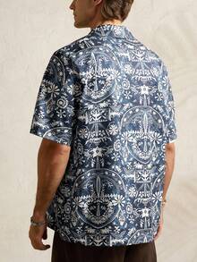 Airaco 男士休闲度假风全幅植物印花翻领短袖衬衫，夏季 - 藍色 - 查看 2