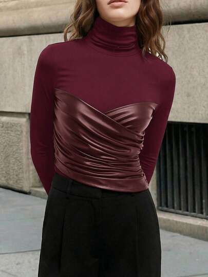 Maija Women's Stand Collar Color Block Pleated Casual Versatile Daily Wear Long Sleeve Top