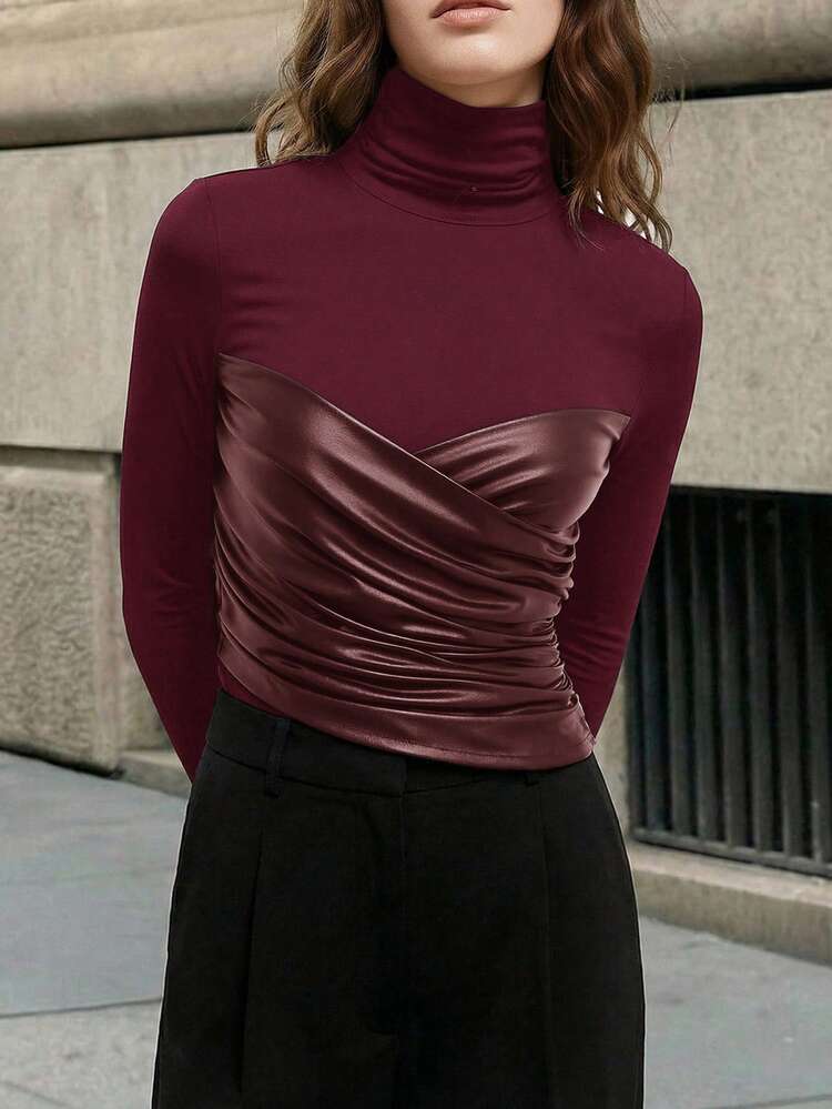 SHEIN Maija Women's Stand Collar Color Block Pleated Casual Versatile Daily Wear Long Sleeve Top