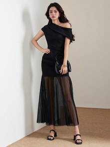 Heiryn 女士纯色不对称肩部褶皱网纱下摆优雅连衣裙 - 黑色 - 查看 4