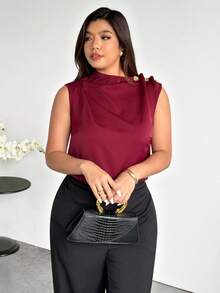 Firerie Áo kiểu nữ cỡ lớn mùa xuân/hè mới thanh lịch, cổ điển, sang trọng, không tay, cổ xếp ly bất đối xứng, cài kim loại, ôm dáng, dành cho công sở. - Màu Đỏ Sâu - Xem 3