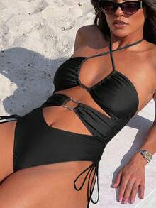 Swim SXY Áo tắm một mảnh hở lưng gợi cảm màu nâu sẫm bóng bẩy, dây rút, trang trí vòng rỗng, dành cho nữ. - màu đen - Xem 5