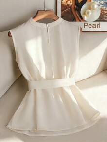 SHEIN Franclia 时尚女士无袖衬衫，饰有串珠领，前中条纹，后领水滴形设计，直筒宽松A字廓形；时尚优雅女士吊带背心 - 米色 - 查看 2