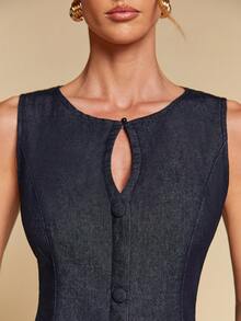 COSMINA Women's Elegant Sleeveless Teardrop Collar Waist Flared Denim Mini Dress, Versatile For Commuting, Party - Dark Wash - View 5