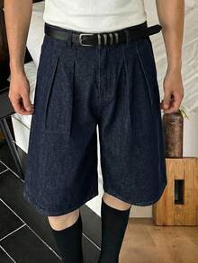 SWAVVY 男士纯色褶裥腰带环宽松直筒牛仔短裤 - 藍色 - 查看 1
