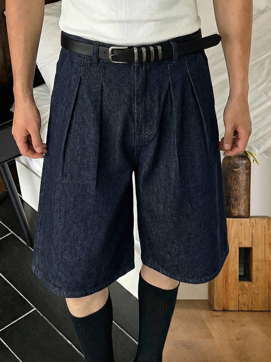 SWAVVY 男士纯色褶裥腰带环宽松直筒牛仔短裤 - 藍色 - 查看 1