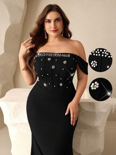 Coutiva Plus Size Women's Faux Pearl Decor Off-Shoulder Fishtail Hem Elegant Formal Evening Gown (Heavily Embellished) Off Shoulder Formal Dress Black Long Formal Dress Black Elegant Formal Gown Black Evening Prom Dress Off The Shoulder Black Dress Black Formal Evening Gown Black Prom Dress Women Elegant Long Black Dress Valentines Dress Elegant Dress Sequin Dress Floral Dress