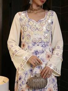Al Najma Elegant Sleeveless Dress With Printed Fabric And Sequins Decoration, Suitable For Spring/Summer - Multicolor - View 2