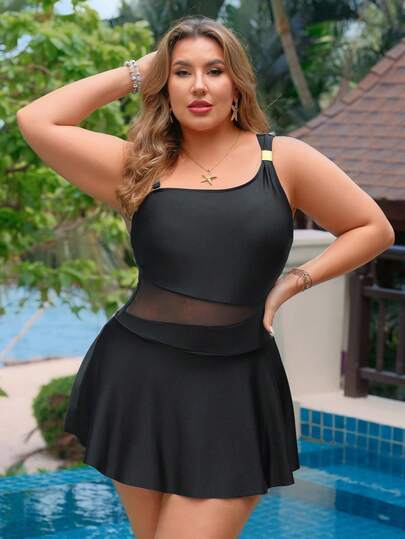 Swim Lushoire Plus Size Women Solid Color Asymmetric Neck Fashion Swimsuit Dress