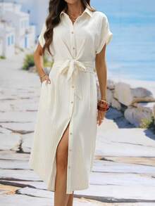 INAWLY Women's Striped Lapel Single-Breasted Knotted Waist Casual Vacation Daily Wear Midi Dress - Beige - View 1