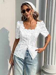 Pariaura Women's Elegant French Lace Embroidered Short Sleeve Button-Up Blouse - White - View 8