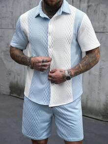 Manfinity Homme 男士撞色 Polo 领单排扣短袖衬衫上衣和短裤休闲日常穿搭 - 彩色 - 查看 3