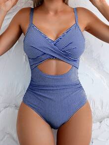 Swim Basics Women's Sexy One-Piece Striped Hollow Front Lace-Up Back Swimsuit, Summer - Royal Blue - View 3